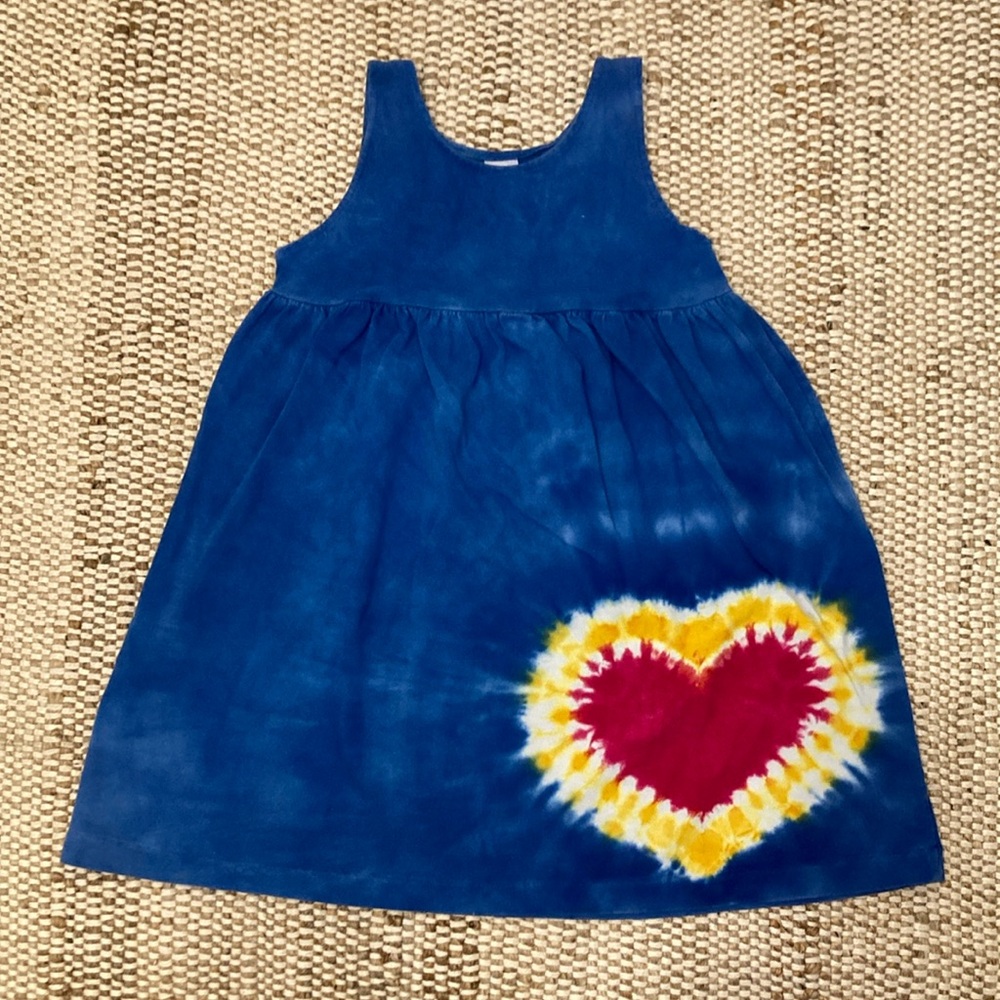 Vintage Tie Dye Dress Blue with Red Heart Girls Size 4 Empire Waist Jumper